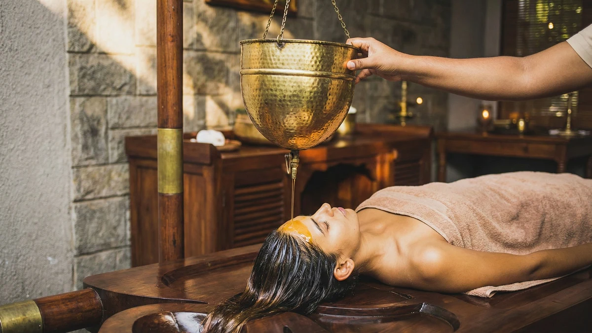 Guest receiving Shirodhara forehead oil pour in tranquil Ayurvedic treatment room.