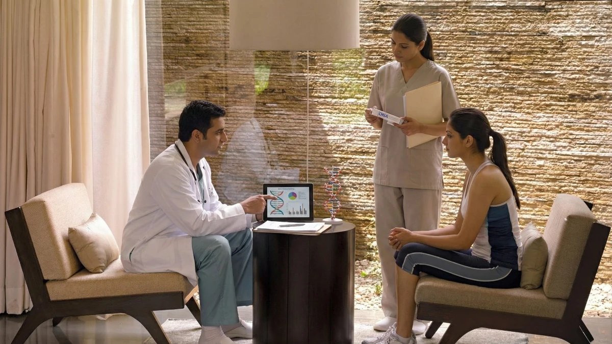 Medical team conducting DNA fitness profiling consultation with guest.