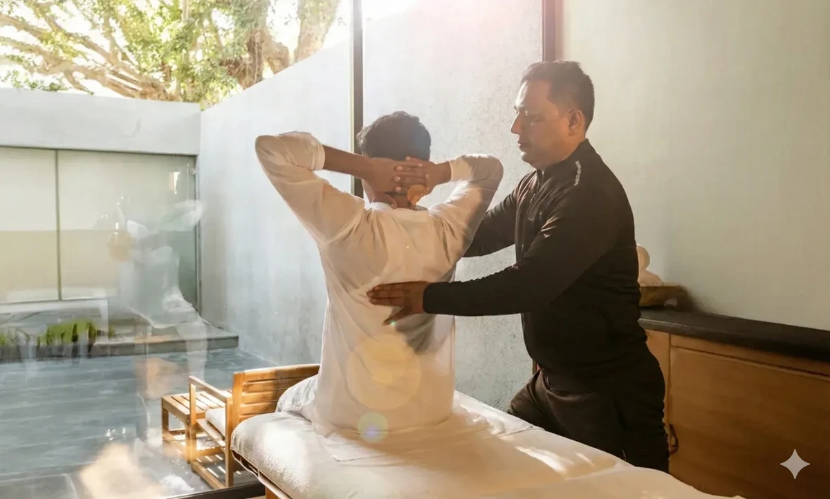 Physiotherapist performing seated thoracic spine manipulation.