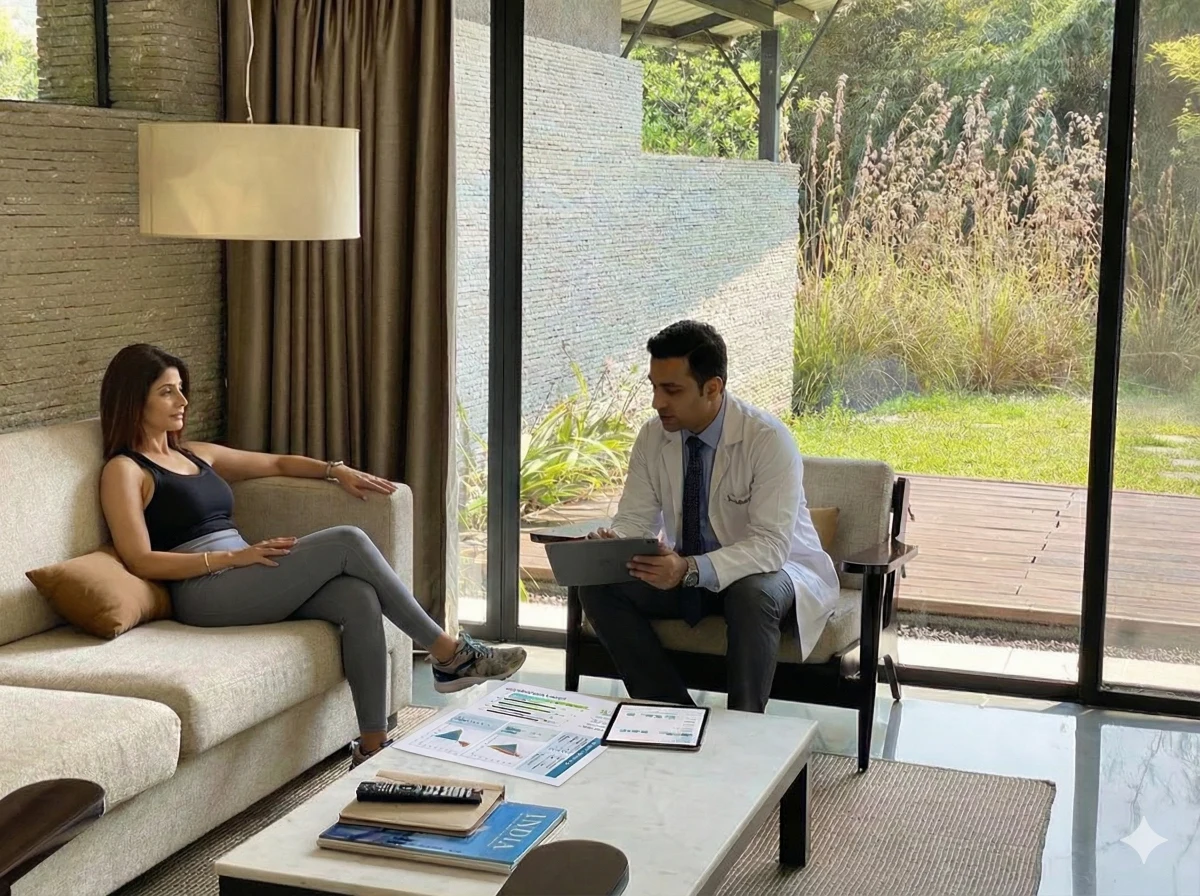 Medical team reviewing body composition analysis results with guest.