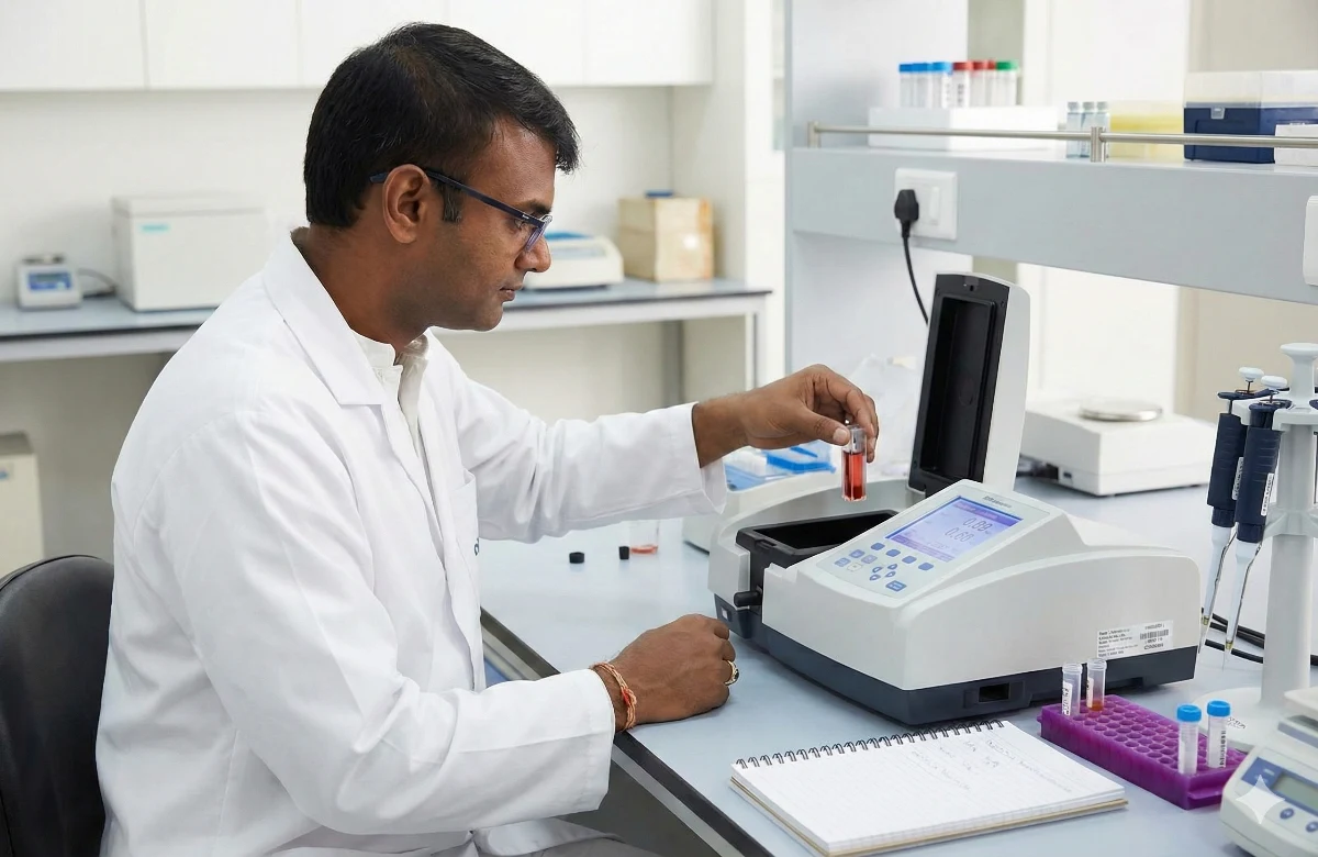 A medical specialist undergoing a spectrophotometry analysis for a guest.