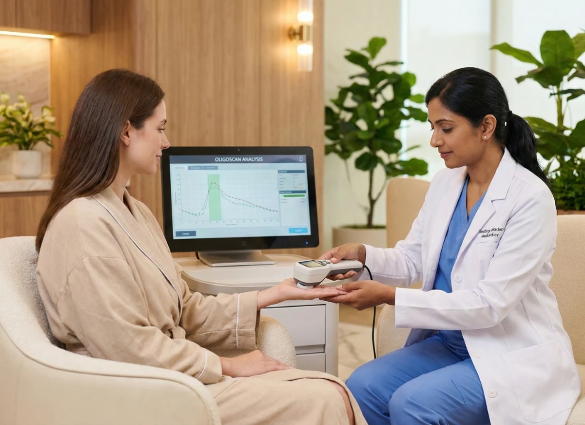 Medical professional conducting OligoScan analysis on guest's hand.