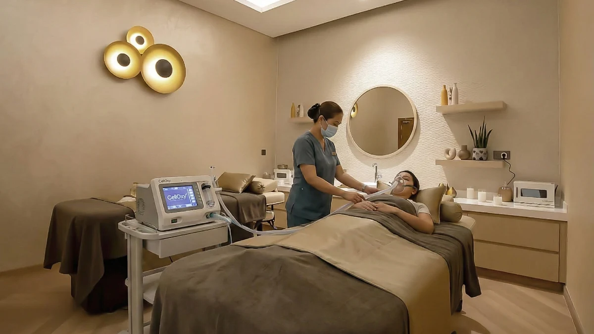 Medical professional administering CellOxy oxygen therapy treatment to guest.