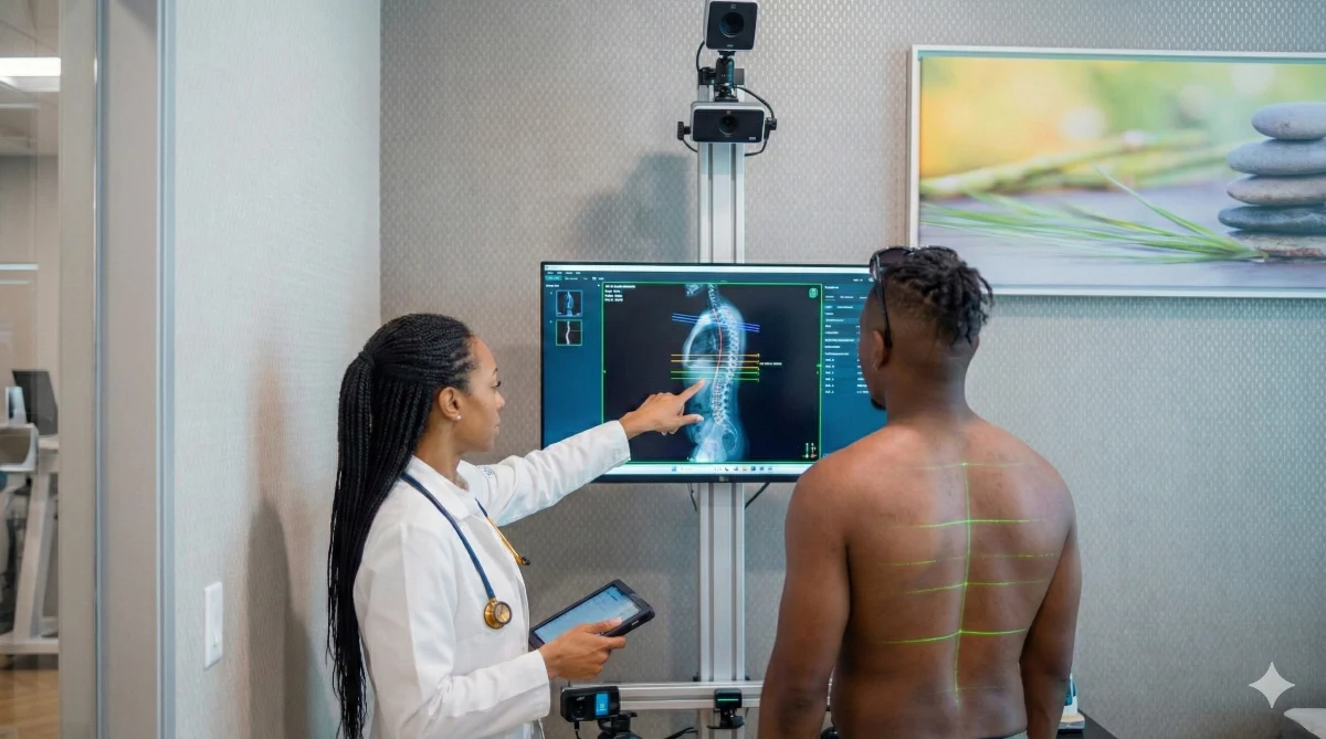 Physiotherapist conducting advanced 4D spinal analysis with optical measurement technology.