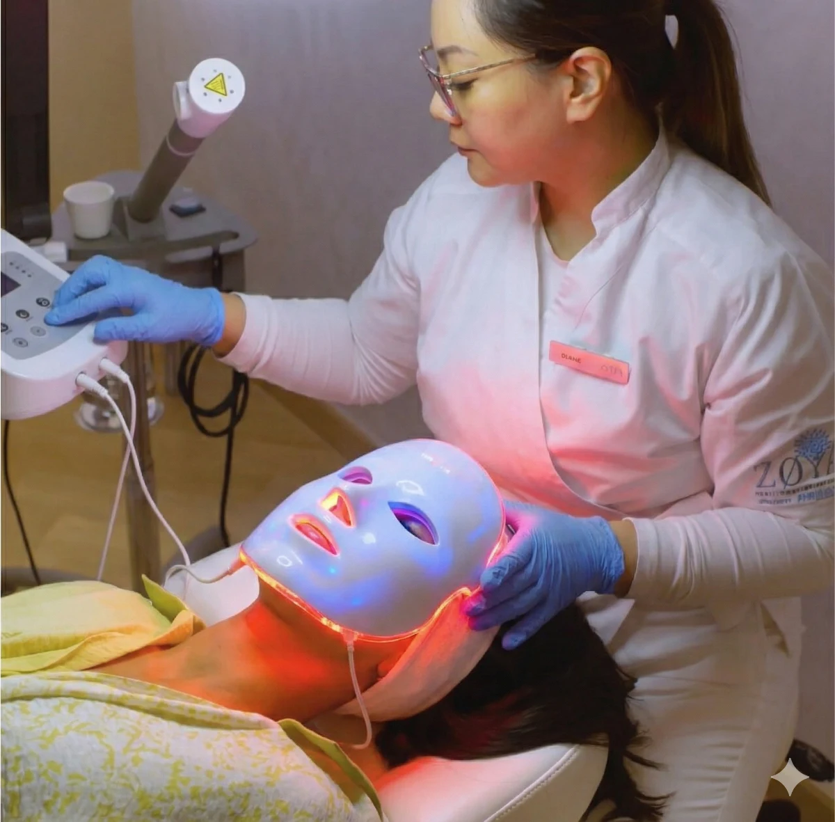 Guest receiving LED light therapy facial treatment in modern treatment room.
