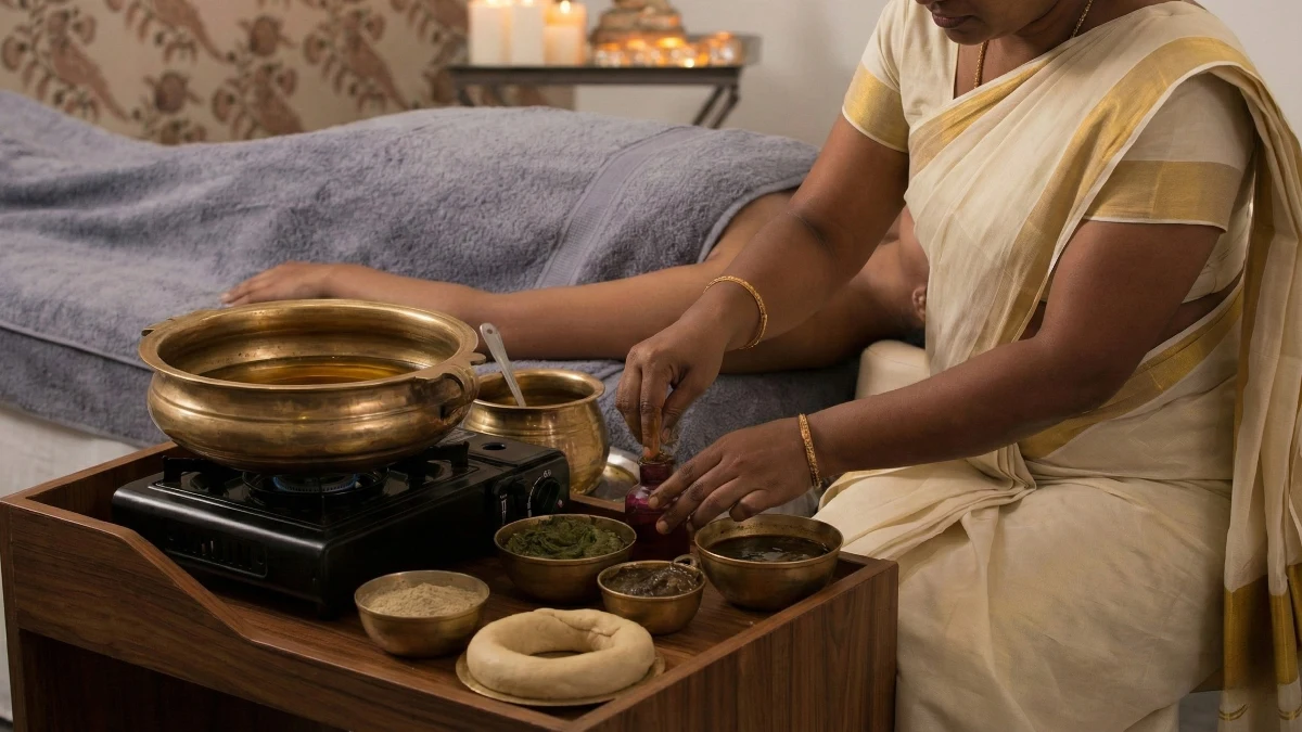 Specialized Ayurvedic therapist preparing medicated oils and decoctions for Vasti treatment.