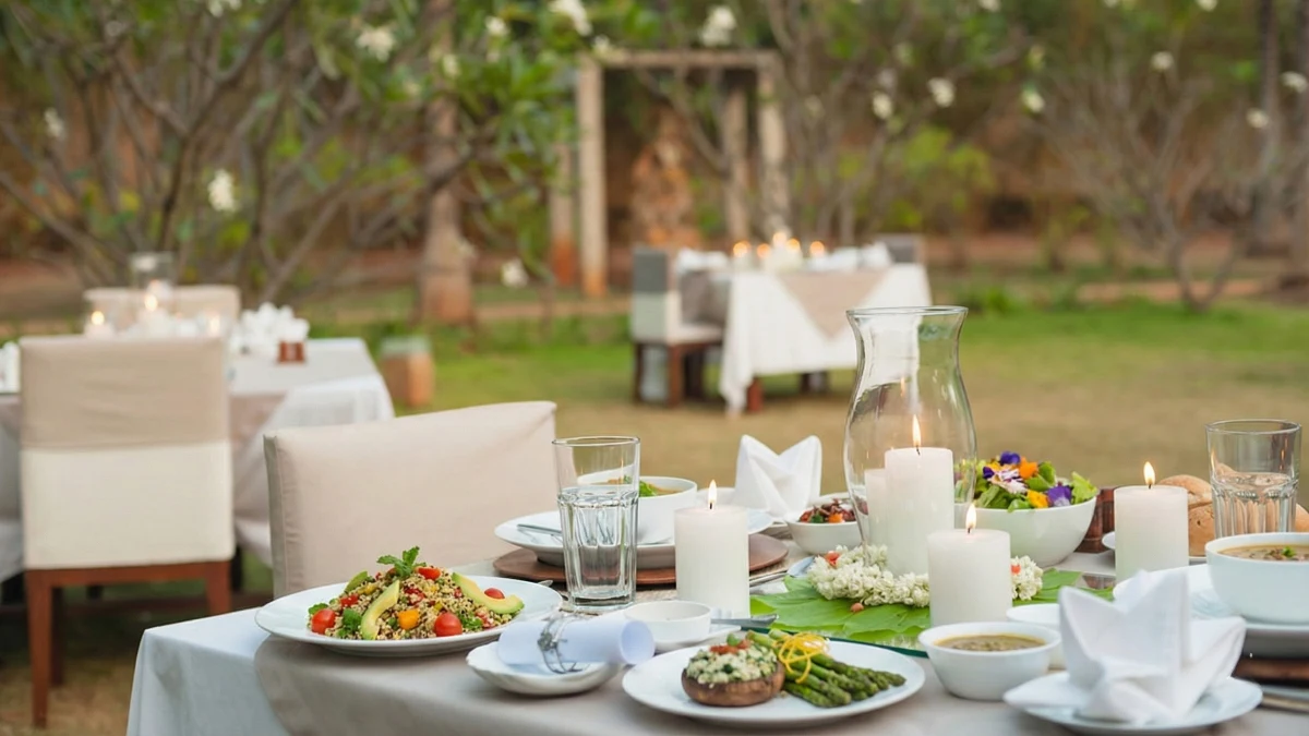 Four-course vegetarian meal featuring fresh organic produce from retreat gardens.