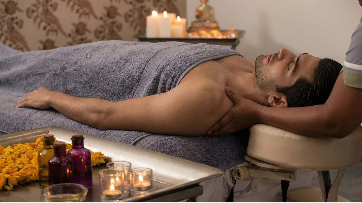 Guest experiencing synchronized abhyanga massage with two therapists in serene treatment room.