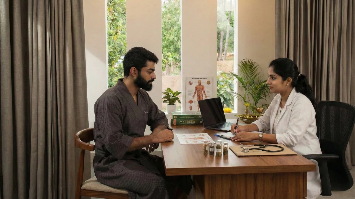 Ayurvedic doctor conducting prakriti assessment consultation with guest.