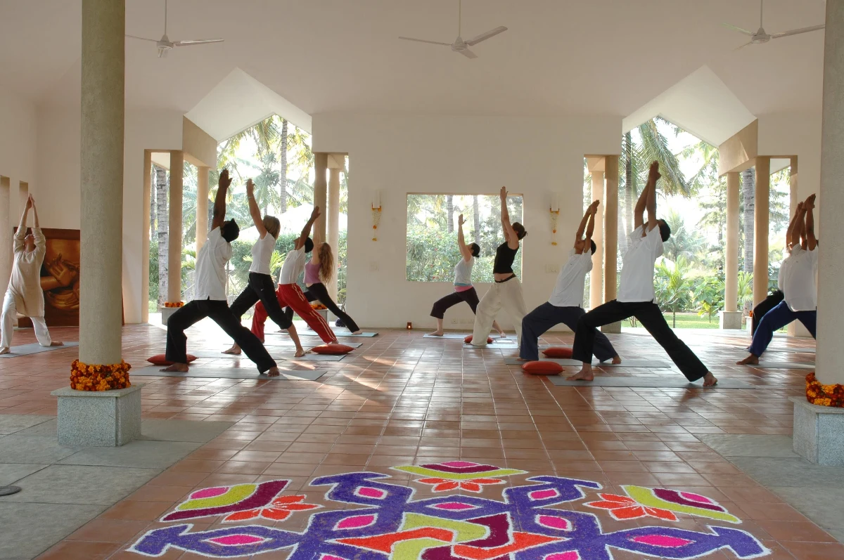 Morning yoga session in peaceful outdoor pavilion surrounded by nature.